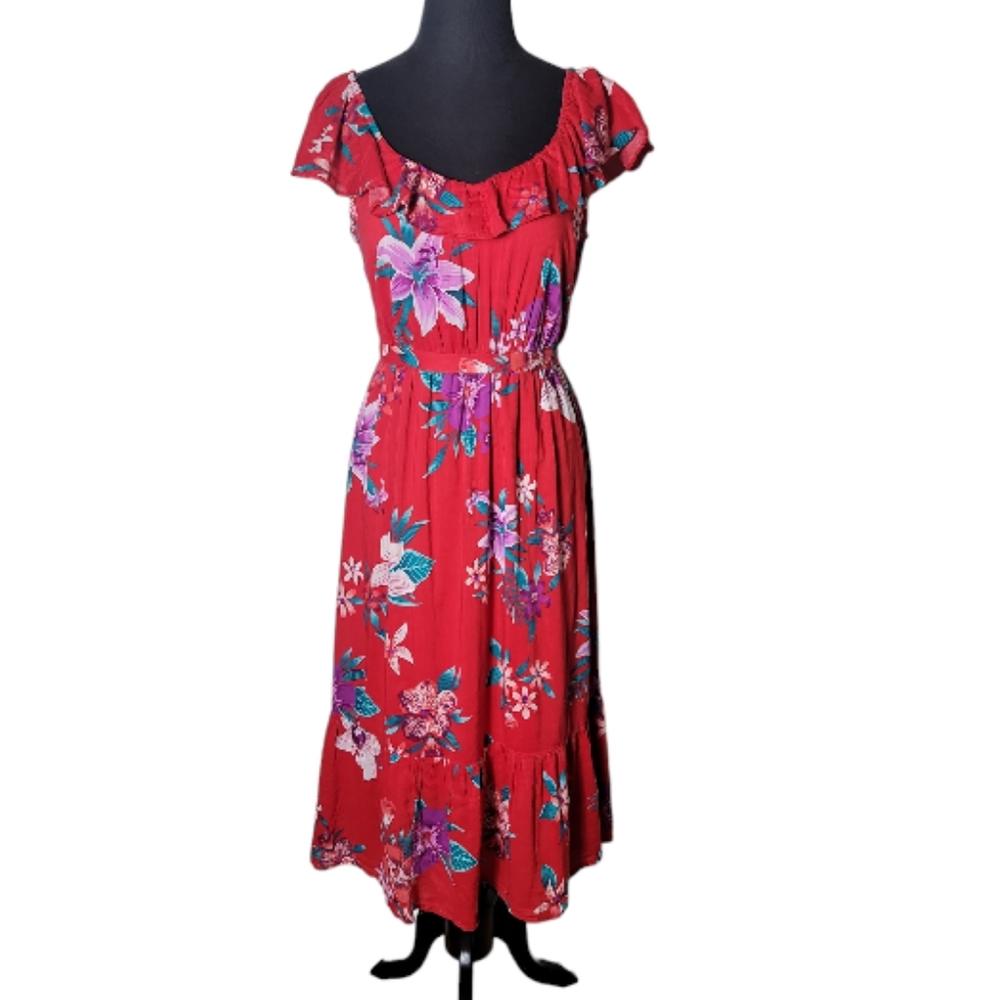 Old Navy red floral ruffle midi dress scoop neck tiered belted women's size S